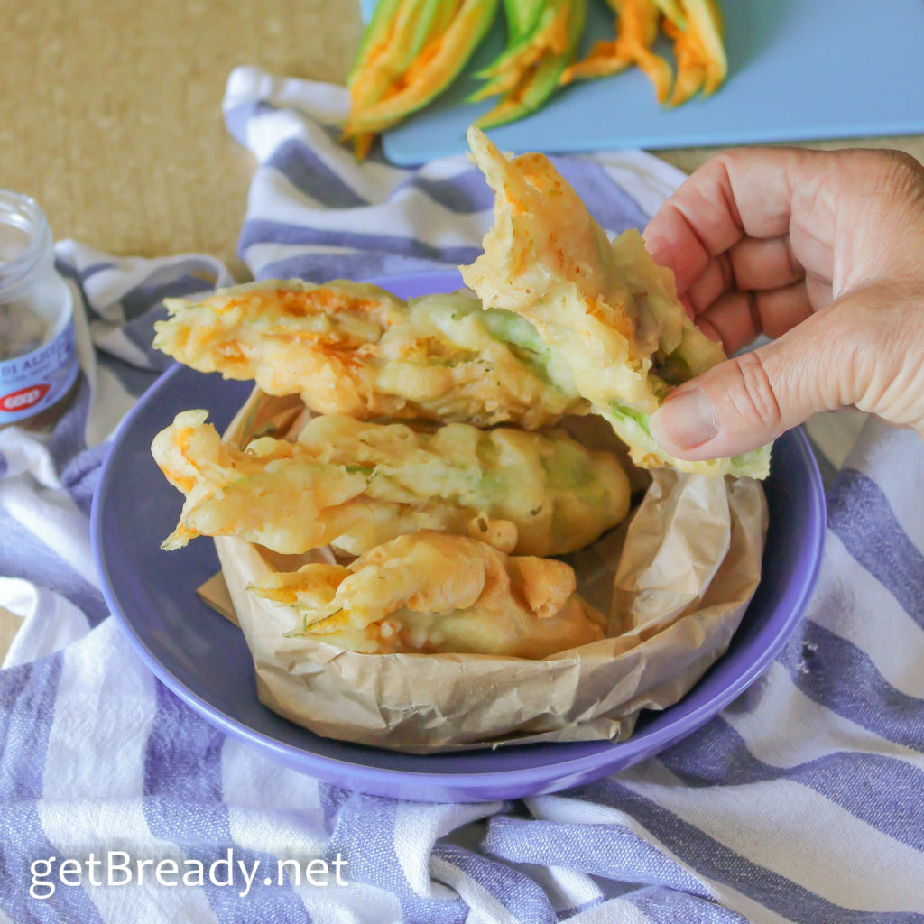 Mozzarella & anchovy stuffed zucchini flowers (best batter ever